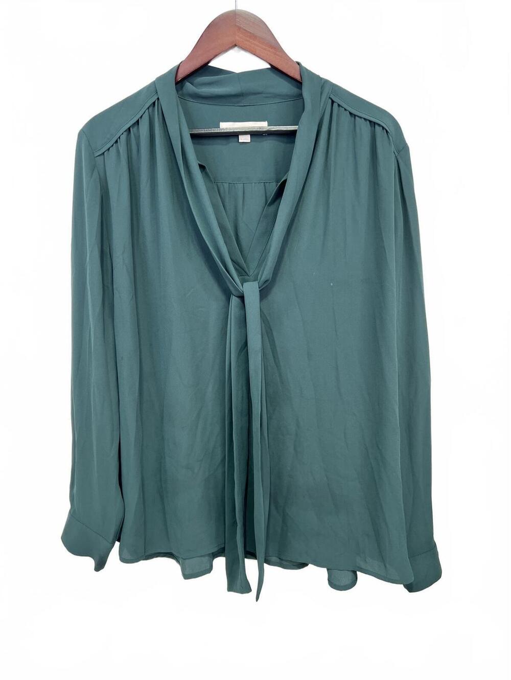 LOFT Women's Size XL Long Sleeve Tie Neck Blouse in Forest Green